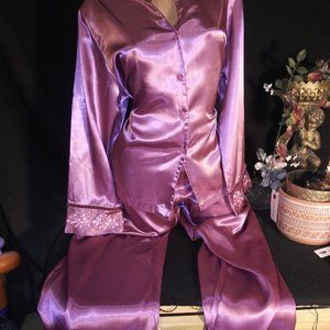 Satin Shiny Bright Pink Lingerie Set Top Nightie Pants embroidery flowers XL